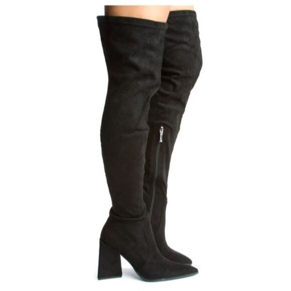 Women's Black Over The Knee pointed Chunky Block Heel Boots - Picture 4 of 6